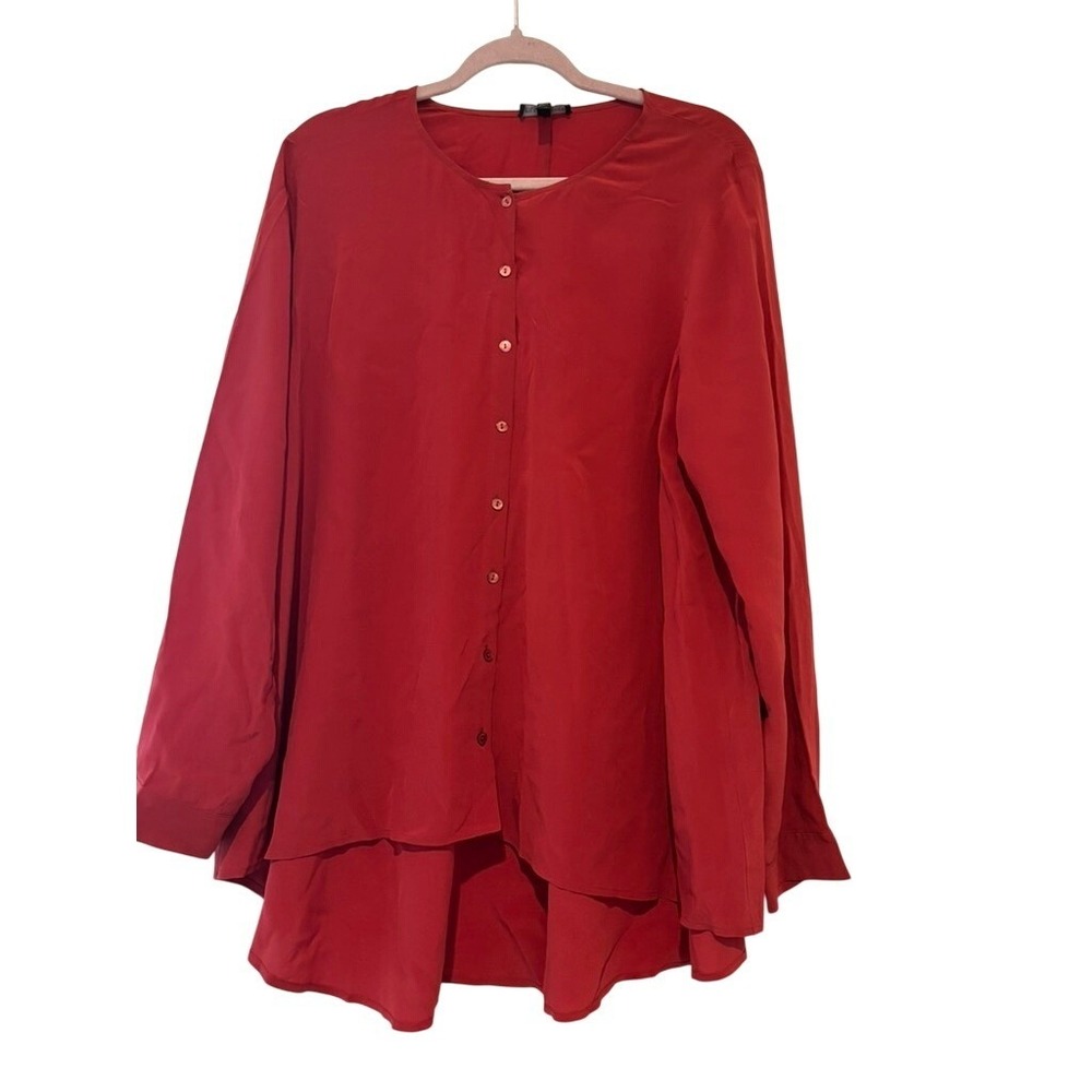 Eileen Fisher sz M all silk red button down high low long sleeve blouse I